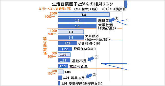 放射線のリスク比較（生活習慣因子とがんの相対リスク） サムネール画像